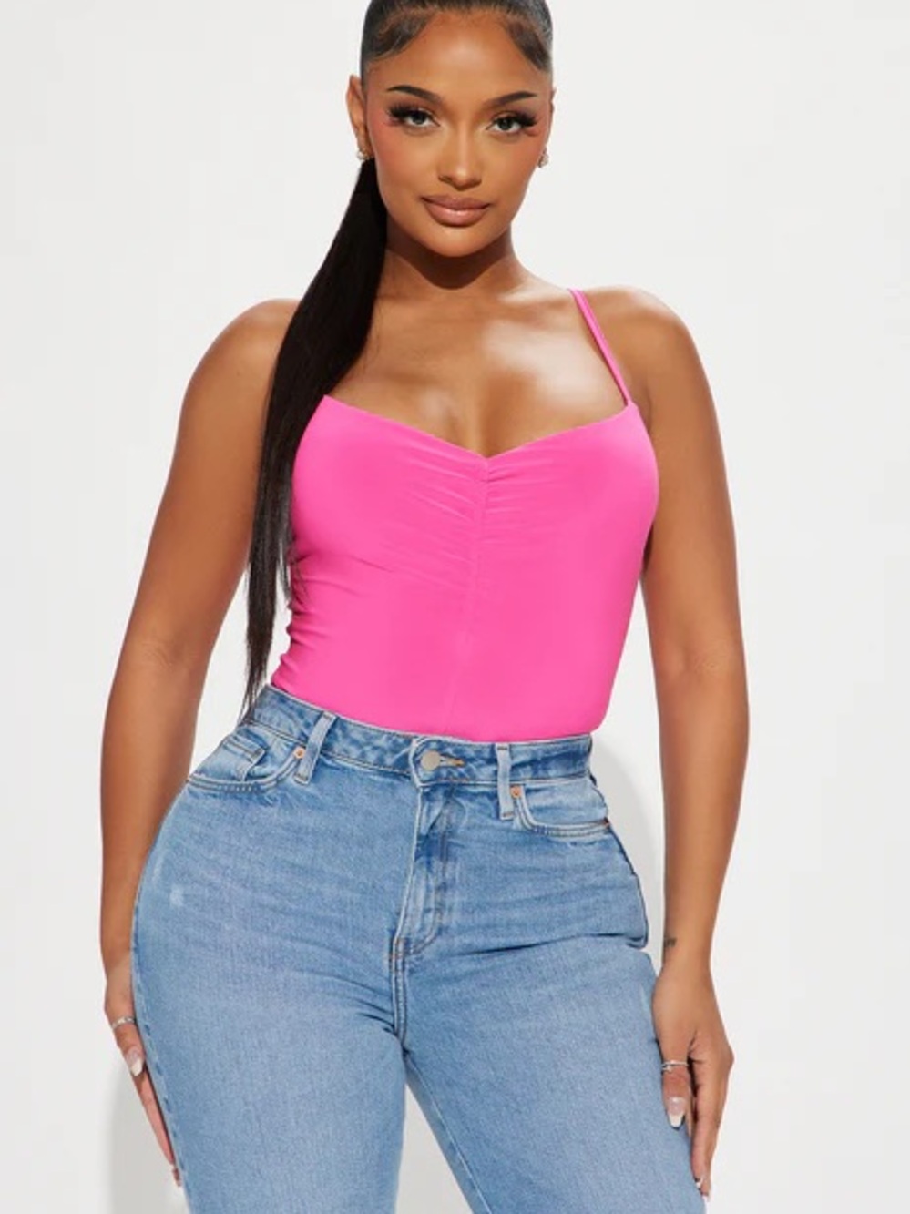 Fashion Nova Hot Pink Ruched Spaghetti Strap Bodysuit